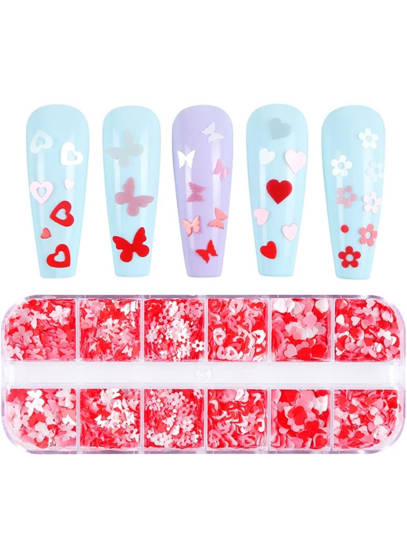 Kistreao - Pink Heart Nail Art Glitter Valentine's Day Supplies 3D Holographic Sparky Heart Nail Sequins Flower Heart Butterfly Nail Design Flakes Acrylic Manicure Tips DIY Decoration Women Lover - Image 1