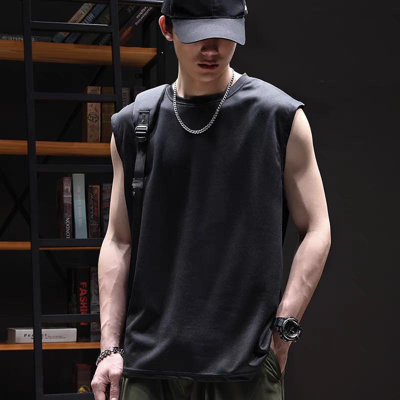 2025 New Ice Silk Vessel T-shirt Mens Summer Loose Sports Fitness Quick-drying Sleeveless Slim Shoulder Thin T-shirt Pure black [single pole butterfly mesh vest]