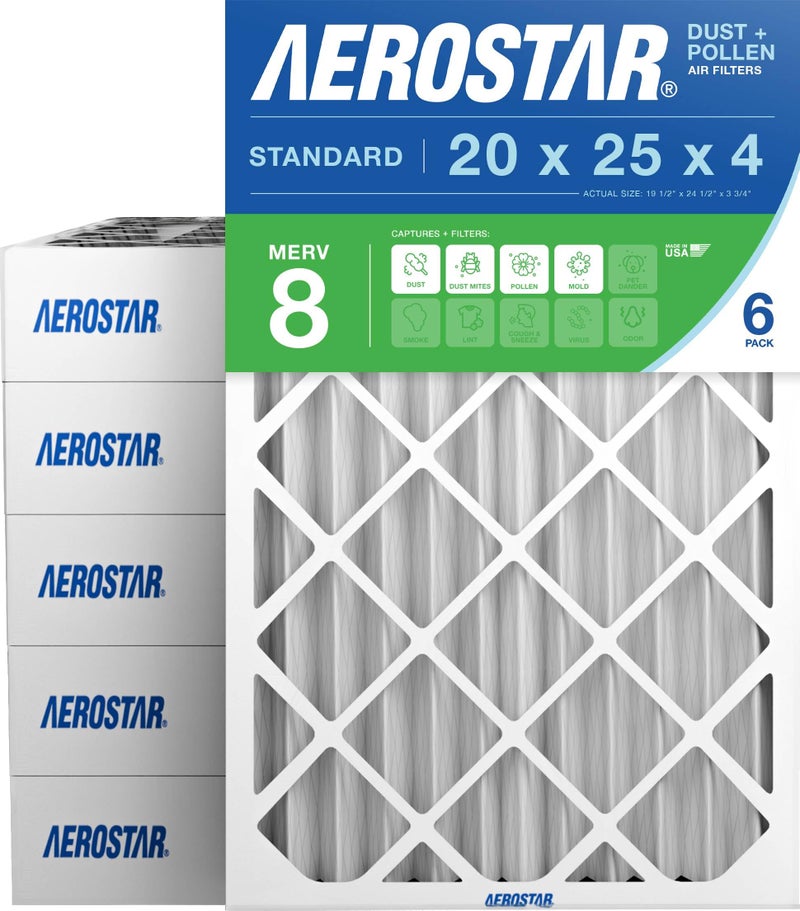 Aerostar 20x25x4 MERV 8 Air Filter, 6 Count, ACTUAL SIZE (19.50 x 24.50 x 3.75) HVAC, Furnace Filter for Allergies, Dust, Pet Dander & Smoke (MPR 1500 / FPR 10) Fits Lennox & Honeywell Devices - Image 1
