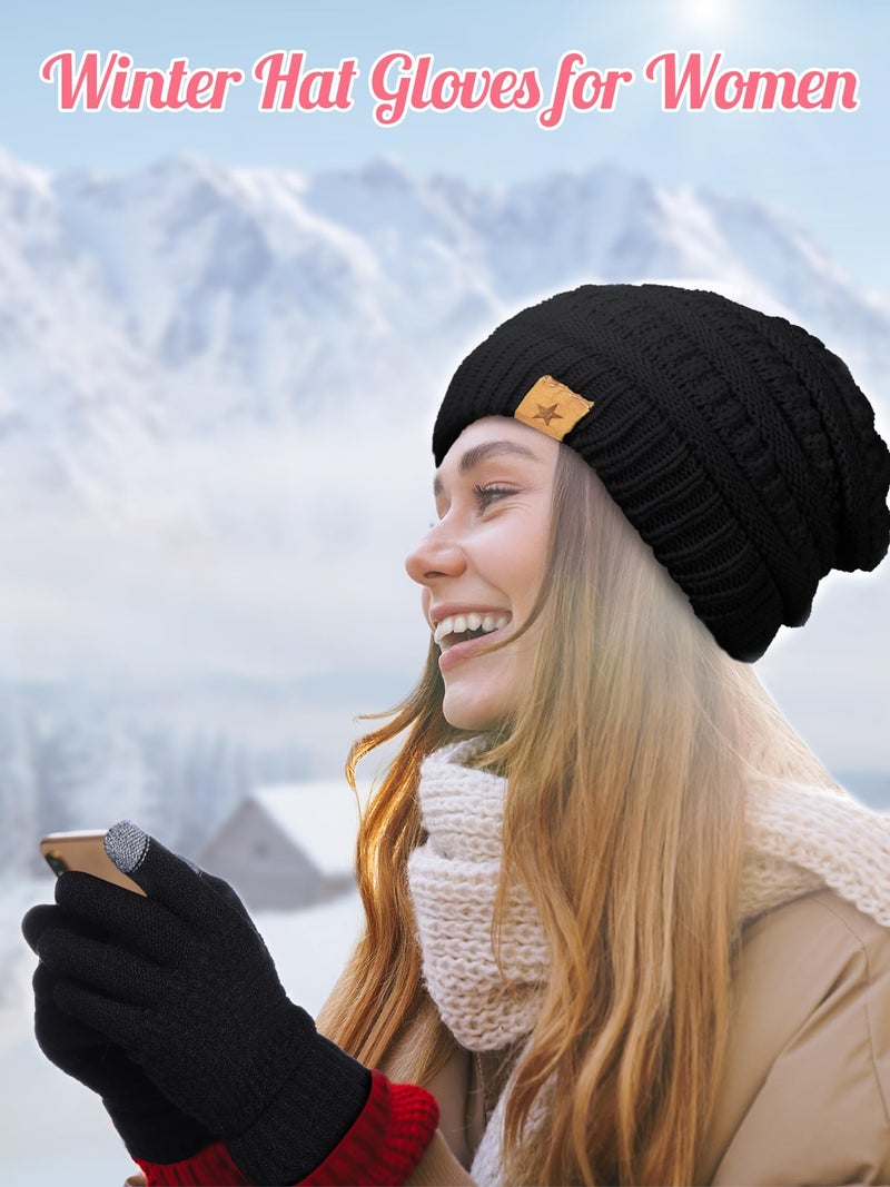 Jeere 4 Pcs Winter Hat and Gloves for Women Fleece Lined Knit Beanie Touchscreen Gloves Warm Skull Hat Set for Cold Weather(Black, Caramel) - Image 5
