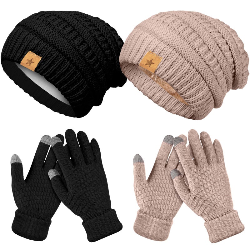 Jeere 4 Pcs Winter Hat and Gloves for Women Fleece Lined Knit Beanie Touchscreen Gloves Warm Skull Hat Set for Cold Weather(Black, Caramel) - Image 1