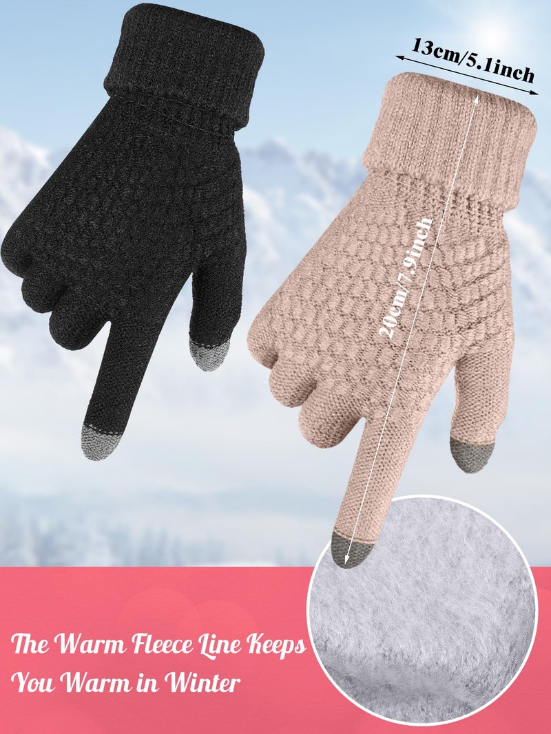 Jeere 4 Pcs Winter Hat and Gloves for Women Fleece Lined Knit Beanie Touchscreen Gloves Warm Skull Hat Set for Cold Weather(Black, Caramel) - Image 3