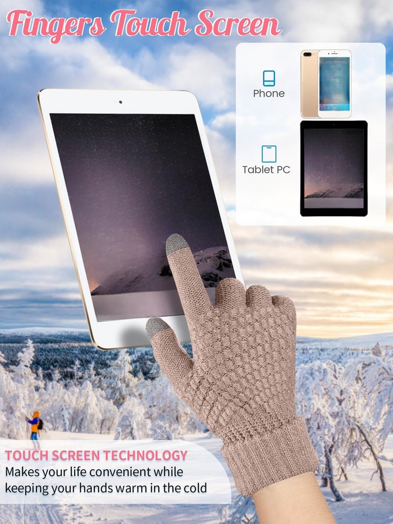 Jeere 4 Pcs Winter Hat and Gloves for Women Fleece Lined Knit Beanie Touchscreen Gloves Warm Skull Hat Set for Cold Weather(Black, Caramel) - Image 4