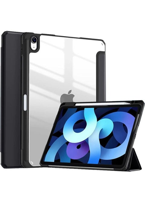 حافظة هجينة رفيعة لجهاز iPad Air 7 (2025)/Air 6 (2024) مقاس 11 بوصة، iPad Air 5 (2022)/Air 4 (2020) مقاس 10.9 بوصة، مع حامل ثلاثي الطي وحامل أقلام، وخاصية الاستيقاظ التلقائي، وغطاء مغناطيسي ذكي، وغطاء خلفي من الأكريليك الشفاف المقاوم للصدمات، لون أسود