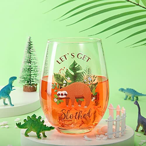 Patelai Lets Get Slothed Stemless Wine Glass Funny Sloth Mug Gift for Sloth Lovers Him Her Men Women Friend Family Coworker on Birthday Christmas Thanksgiving Festival Graduation Wine Glass Present 17 oz