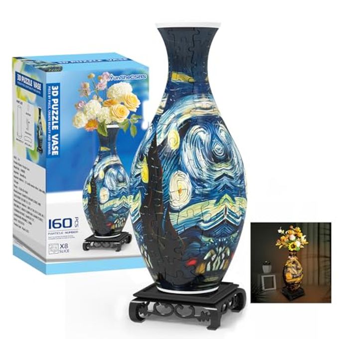 3D PUZZLES VASE FOR ADULTS CRAFTS FOR ADULTS 160 PIECES PLASTIC DIY UNIQUE FLOWER VASE WITH LED LIGHT HOUSE WARMING GIFT BIRTHDAY GIFTS FOR FLOWER ARRANGEMENTS AND HOME DECOR BLUE