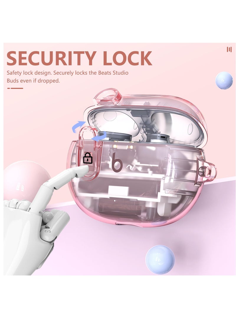Clear Case For New Beats Studio Buds + 2023 And Beats Studio Buds 2021, Secure Lock Beats Studio Buds Plus Case Cover, Shockproof Wireless Earbuds Protective Cover With Cleaning kit Or Keychain, Pink