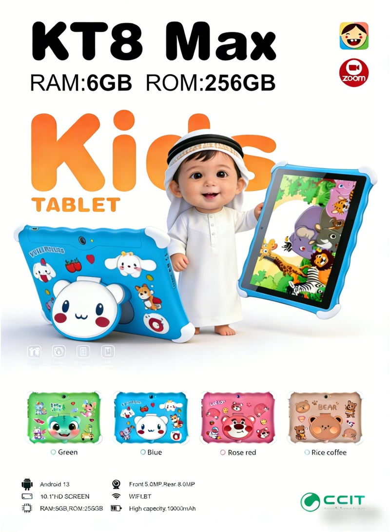 CCIT KT8 Max Kids Tablet - 10.1-inch HD Screen, 6GB RAM, 256GB ROM, Android 13, 10000mAh Battery, WiFi/BT with Protective Case-Blue (Cute Papa) - Image 1