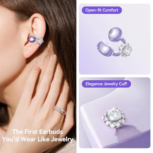 Kinglucky Jewelry-Inspired Clip-On Earbuds with Diamond Earrings, Comfortable Fit & 40H Playtime Open Ear Bluetooth 5.4 Wireless Headphones for Women, Small Ears, Sports & Workouts (Purple) - Image 2