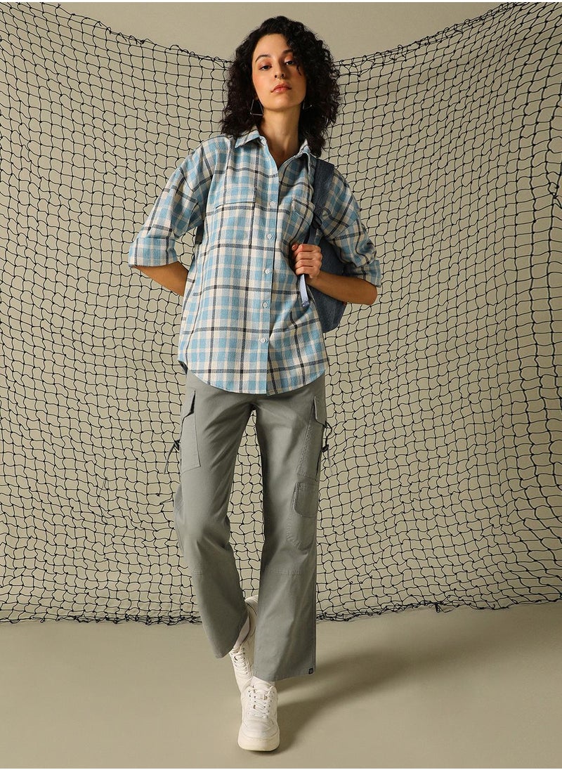 Hubberholme Women's Blue Cotton Blend Checkered Button Down Oversized Shirt  - Image 5