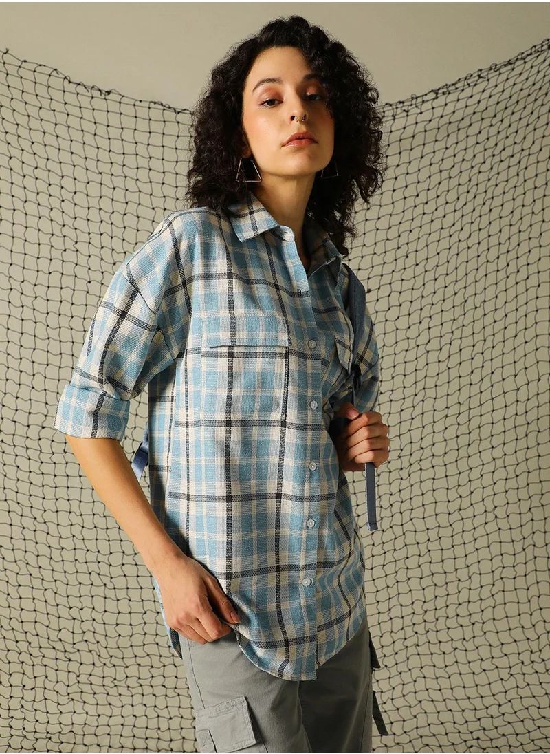 هوبرهولمي Women's Blue Cotton Blend Checkered Button Down Oversized Shirt