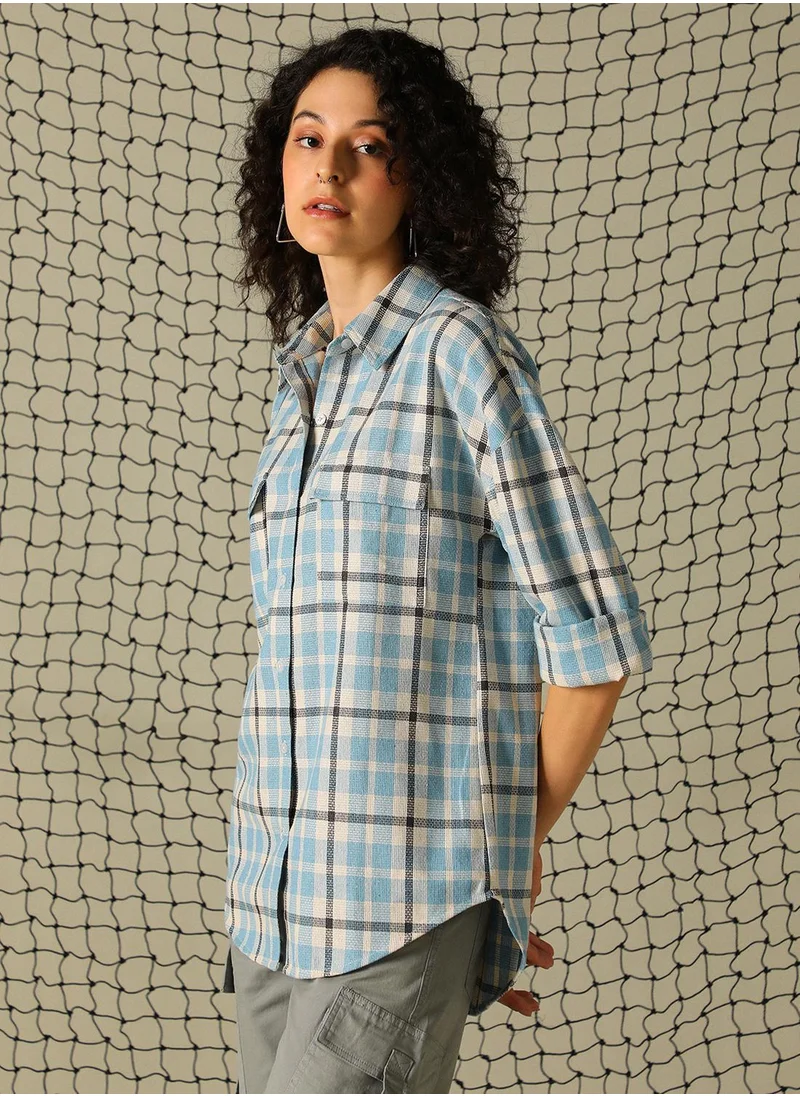 هوبرهولمي Women's Blue Cotton Blend Checkered Button Down Oversized Shirt