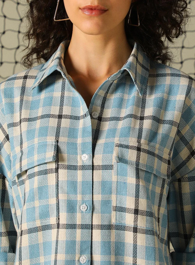 Hubberholme Women's Blue Cotton Blend Checkered Button Down Oversized Shirt