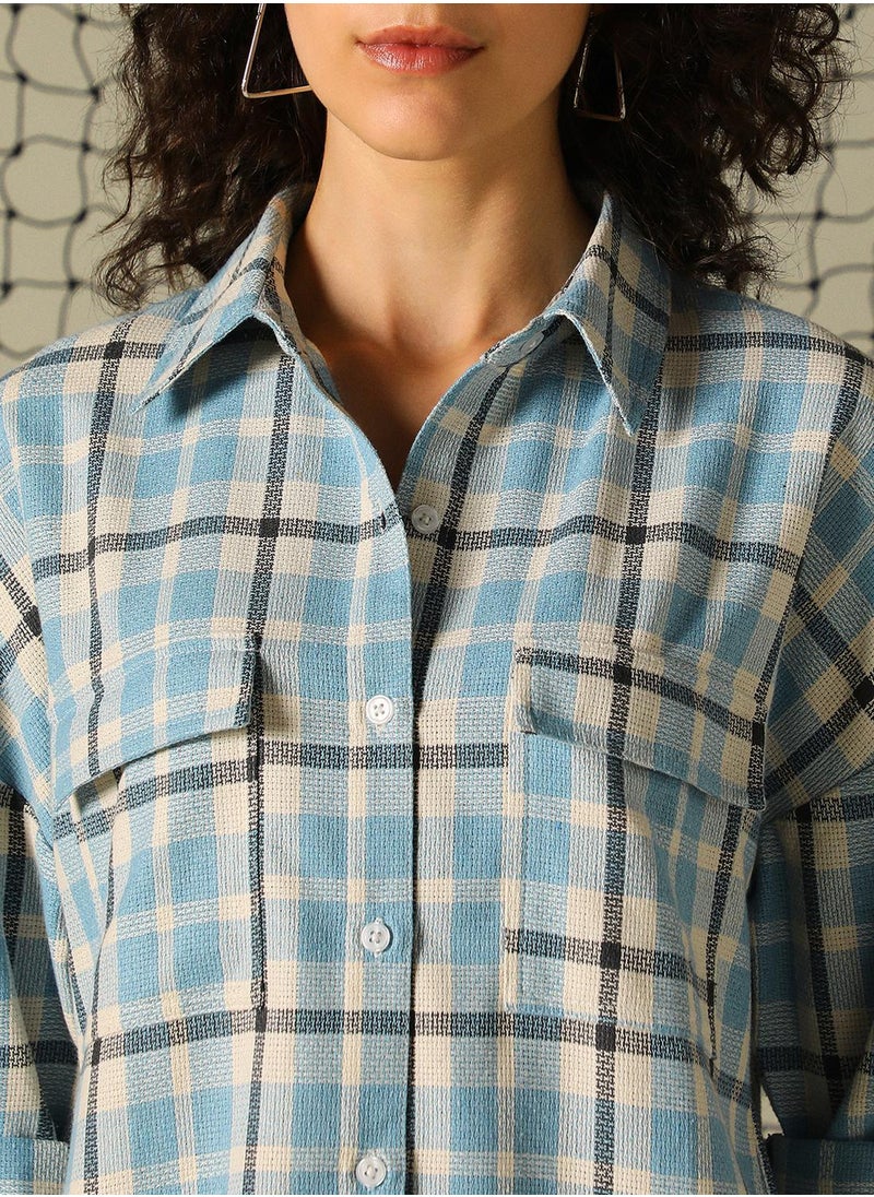 Hubberholme Women's Blue Cotton Blend Checkered Button Down Oversized Shirt  - Image 4