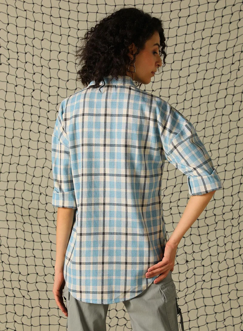 Hubberholme Women's Blue Cotton Blend Checkered Button Down Oversized Shirt