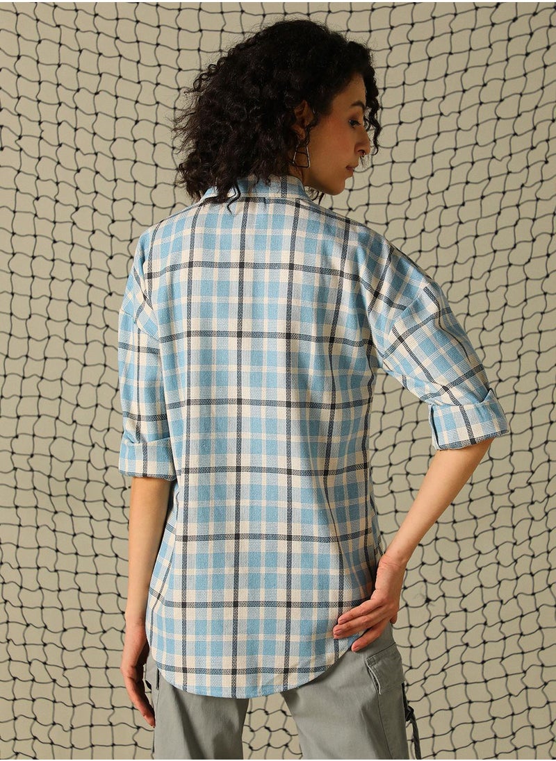 Hubberholme Women's Blue Cotton Blend Checkered Button Down Oversized Shirt  - Image 3
