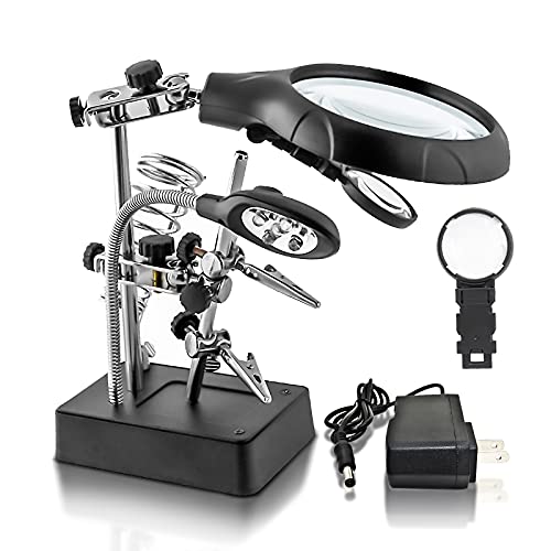 mlogiroa Desktop LED Lighted Magnifying Glass Soldering Station, mlogiroa Adjustable Helping Hands Magnifier 2.5X 7.5X 10X Magnifying Glass Magnifier Station with LED Light and Alligator Clips for Soldering - Image 1