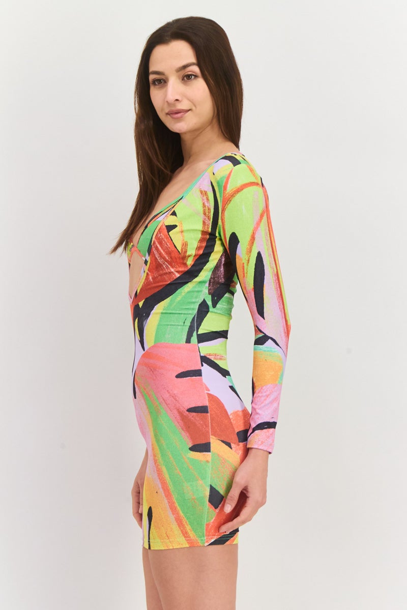 Simmi London Women 2 Pieces Plunging Bra Detail Printed Bodycon Dress, Green Combo  - Image 1