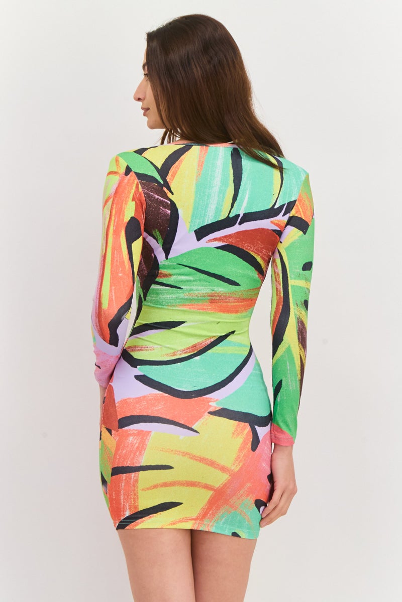 Simmi London Women 2 Pieces Plunging Bra Detail Printed Bodycon Dress, Green Combo  - Image 2