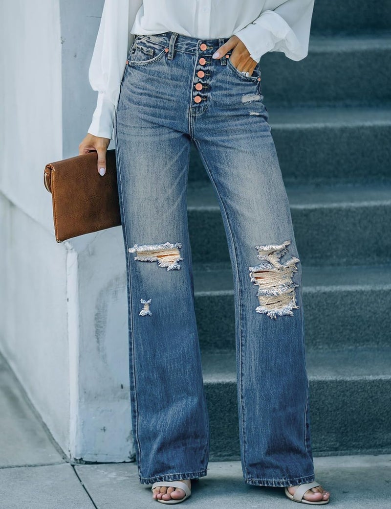 LookbookStore High Waist Flare Pants 70s Hippie Pants Blue Womens Fall Clothes Trendy Baggy Jeans for Women High Waisted Size Large Size 12 14 - Image 2