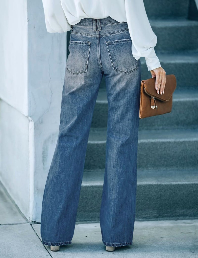 LookbookStore High Waist Flare Pants 70s Hippie Pants Blue Womens Fall Clothes Trendy Baggy Jeans for Women High Waisted Size Large Size 12 14 - Image 3