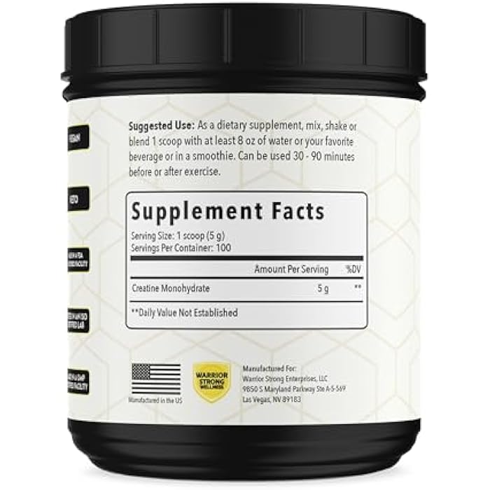 Warrior Strong Wellness Creatine Monohydrate Powder 1 lb, 100 Servings, ISO Certified Tested Vegan, Unflavored Micronized Powder- Support Muscles, Cellular Energy & Cognitive Function - Image 2