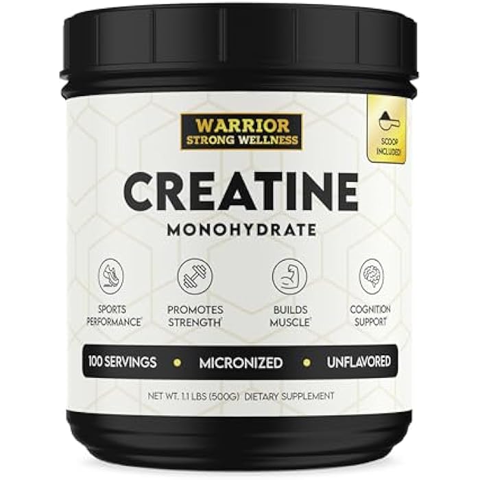 Warrior Strong Wellness Creatine Monohydrate Powder 1 lb, 100 Servings, ISO Certified Tested Vegan, Unflavored Micronized Powder- Support Muscles, Cellular Energy & Cognitive Function - Image 1