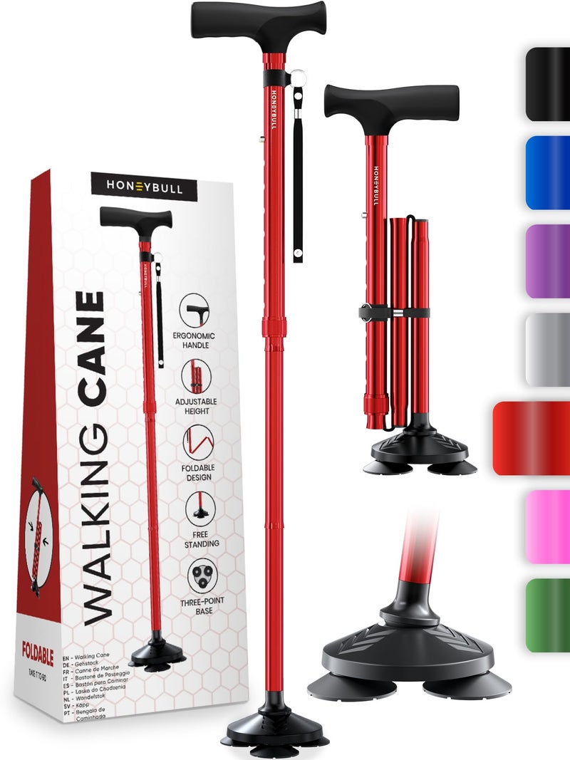 HONEYBULL HONEYBULL Walking Cane for Men Women Foldable Adjustable Collapsible Free Standing Cane Pivot Tip Heavy Duty Walking Sticks Folding Canes for Seniors Adults Red
