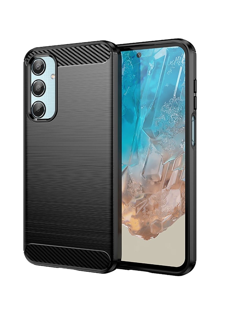 Samsung Galaxy M35 5G Rugged Shield Cover – Black. Brushed carbon fiber texture, shockproof TPU, anti-slip, slim, and lightweight for durable protection. - Image 1