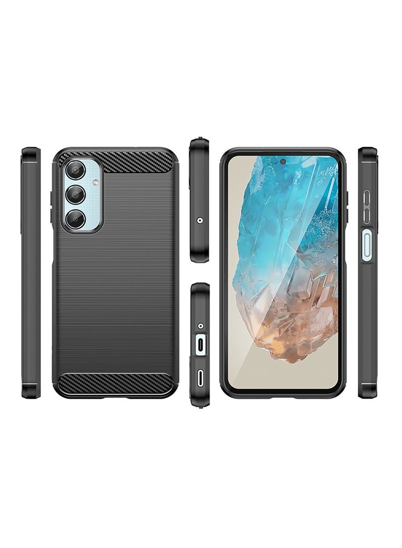 Samsung Galaxy M35 5G Rugged Shield Cover – Black. Brushed carbon fiber texture, shockproof TPU, anti-slip, slim, and lightweight for durable protection. - Image 2
