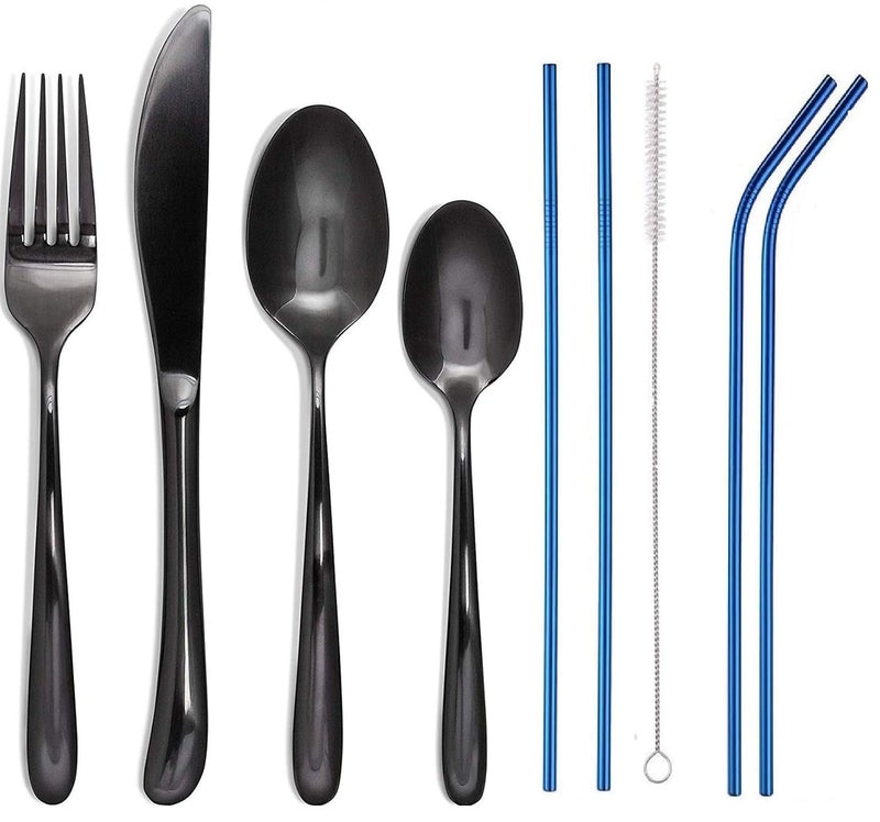 STAR WORK Stainless Steel Travel Camping 4 Cutlery Set Flatware Set Including Knife Fork Spoon Cleaning Brush 5 Metal Straws SetDishwasher Safe Total 9 PCS Combo Black Spoon with Blue Straw - Image 1