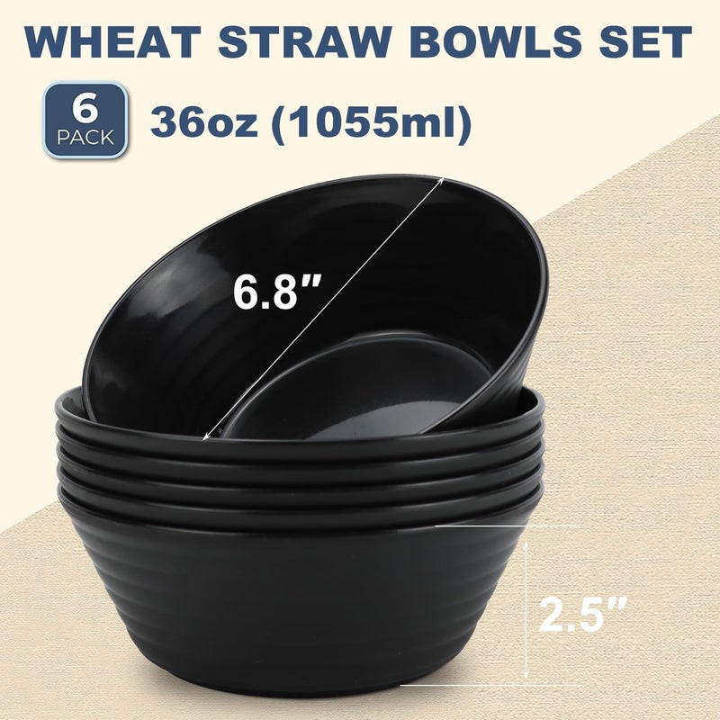 Wrova Wheat Straw Bowl Sets6 PCS Unbreakable Cereal Bowl 36 OZMicrowave and Dishwasher Safe BowlsSoup Bowl Sets BPA Free Apartment Bowl for Serving CerealOatmeal and Salad Black - Image 2