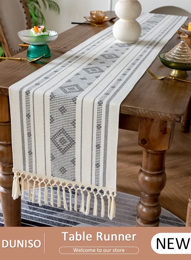 DUNISO مفرش طاولة، مفرش طاولة قروي ريفي من الكتان مع زخرفة يدوية، 35 × 183 سم لتزيين الحفلات وغرف الطعام - Image 1
