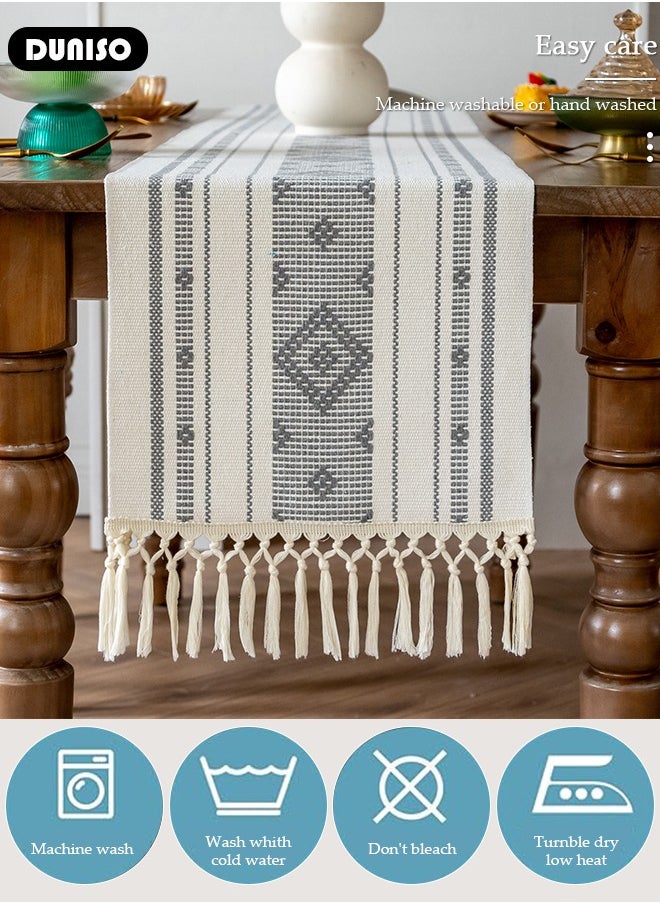 DUNISO Table Runner, Farmhouse Rustic Linen Table Runner with Handmade Tassel, 35 × 183CM Table Decor for Party and Dining Room Decorations  - Image 2