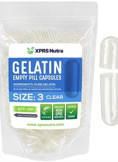 XPRS Nutra Size 3 Empty Capsules - 100 Count Empty Gelatin Capsules - Empty Pill Capsules - DIY Capsule Filling - Clear Pure Bovine Pill Capsules Empty Gel Caps  - Image 1