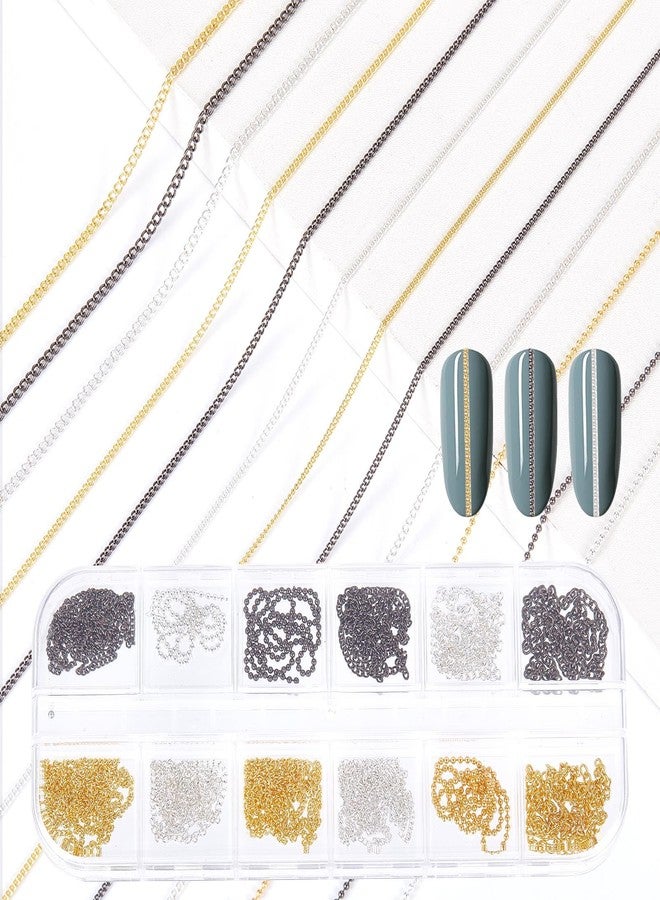 NICENEEDED 12 Strips 3D Jewelry Line Nail Chains, Gold Silver Dark Gray Nail Chains, Metal Nail Art Accessories with Box for Manicure Decoration DIY - Image 1