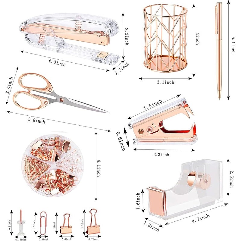 Famassi Rose Gold Desk Accessories，Office Supplies Set Acrylic Stapler Set Staple Remover, Tape Holder, 2 Ballpoint Pen, Scissor, Binder/Paper Clips and 1000pcs Staples. - Image 2