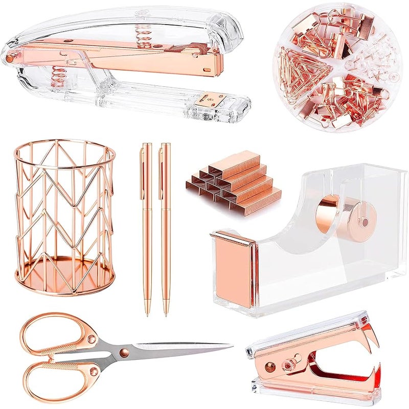 Famassi Rose Gold Desk Accessories，Office Supplies Set Acrylic Stapler Set Staple Remover, Tape Holder, 2 Ballpoint Pen, Scissor, Binder/Paper Clips and 1000pcs Staples. - Image 1