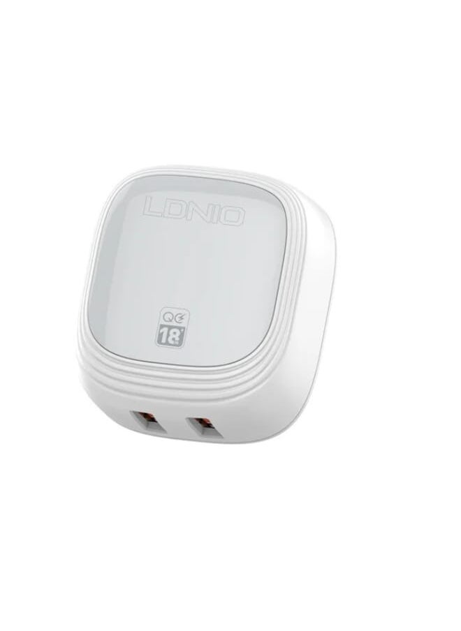 LDNIO A2512Q High Quality EU Plug Fast Wall Charger Dual USB Port 18W With Lightning USB Cable - White  - Image 1