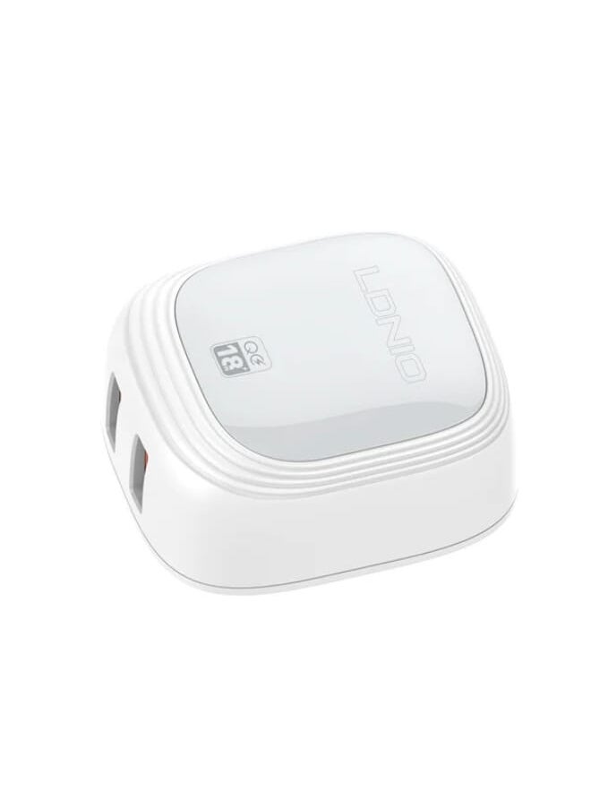 LDNIO A2512Q High Quality EU Plug Fast Wall Charger Dual USB Port 18W With Lightning USB Cable - White  - Image 2