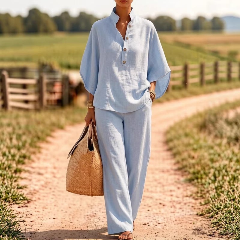 Linen Two-Piece Set Button Down Shirt and Wide Leg Pants Women Casual Summer Outfit - Image 3