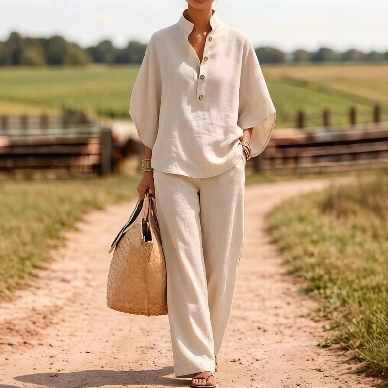 Linen Two-Piece Set Button Down Shirt and Wide Leg Pants Women Casual Summer Outfit - Image 1