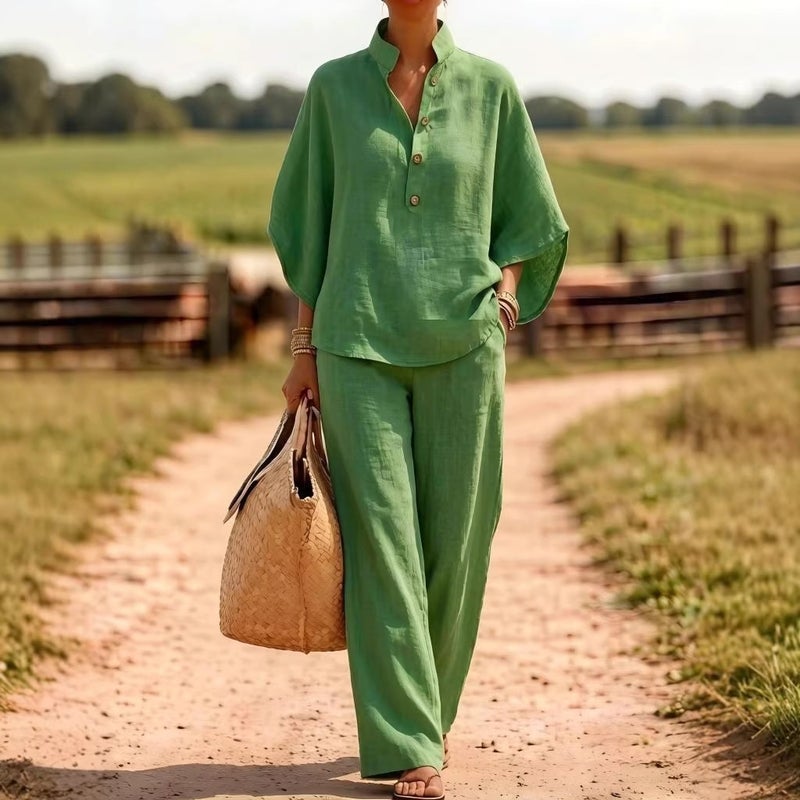 Linen Two-Piece Set Button Down Shirt and Wide Leg Pants Women Casual Summer Outfit - Image 4