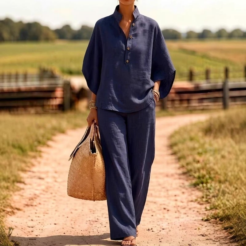 Linen Two-Piece Set Button Down Shirt and Wide Leg Pants Women Casual Summer Outfit - Image 5