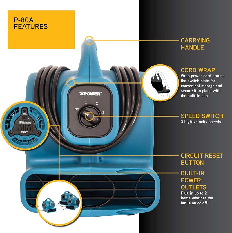Xpower مروحة هواء مركزية صغيرة P-80A بقوة 138 واط و600 CFM، مجفف سجاد، مروحة أرضية، منفاخ، قابلة للتكديس، سلسلة دائرية، لاستعادة الأضرار الناتجة عن المياه، التنظيف، السباكة، الاستخدام المنزلي - Image 3