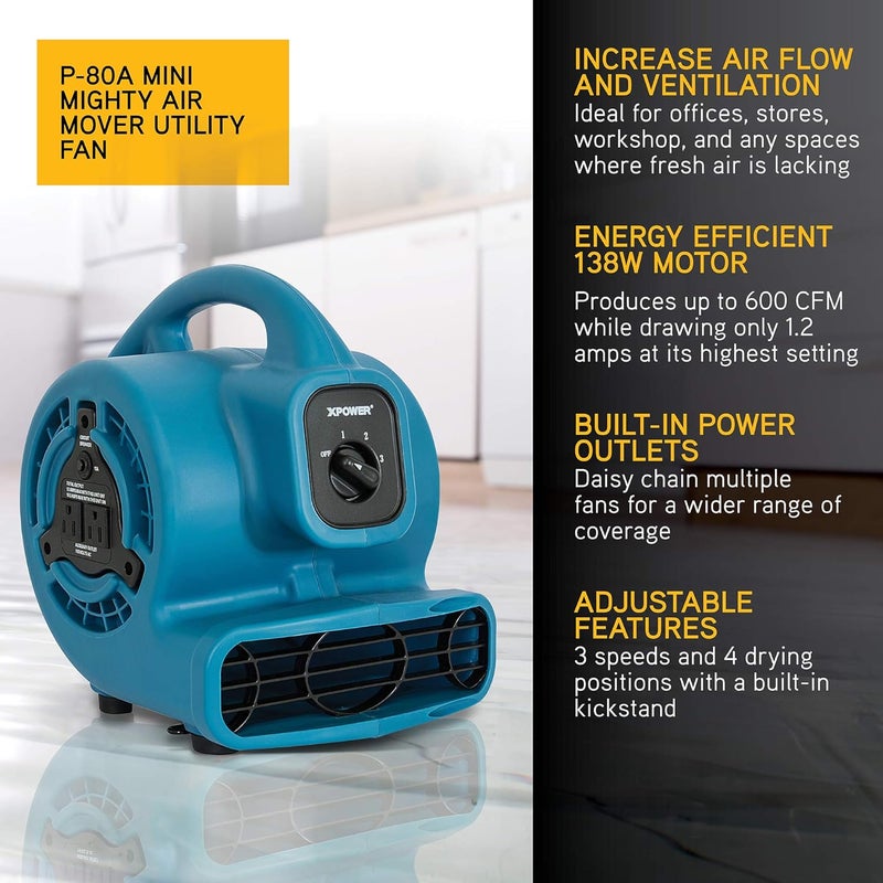 Xpower مروحة هواء مركزية صغيرة P-80A بقوة 138 واط و600 CFM، مجفف سجاد، مروحة أرضية، منفاخ، قابلة للتكديس، سلسلة دائرية، لاستعادة الأضرار الناتجة عن المياه، التنظيف، السباكة، الاستخدام المنزلي - Image 2