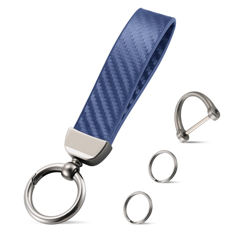 JUSTTOP Leather Keychain, Carbon Fiber Car Key Chain with Anti-Lost D-Ring and 2 Key Ring, Keychain Wristlet, Car Accessories, Universal Keychain for Men and Women (Blue) - Image 1