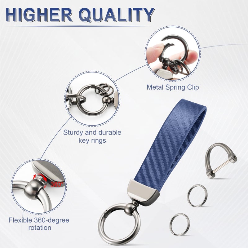 JUSTTOP Leather Keychain, Carbon Fiber Car Key Chain with Anti-Lost D-Ring and 2 Key Ring, Keychain Wristlet, Car Accessories, Universal Keychain for Men and Women (Blue) - Image 4