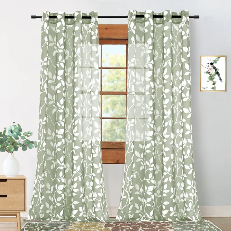 Sage Green Boho Sheer Curtains 84 Inches Long for Living RoomLeaf Tree Branch Vintage Floral Patterned Botanical Natural Window Curtains for Bedroom 2 Panels Set 84 Inch LengthWhite Light Green