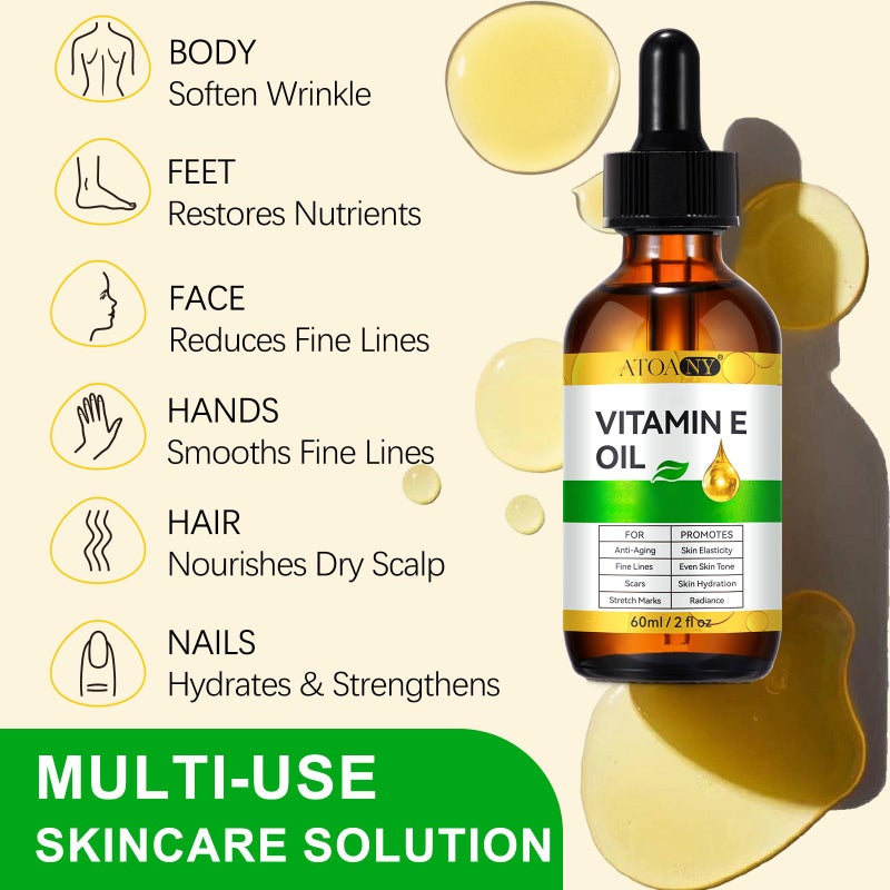 ATOANY Vitamin E Oil 2 Fl Oz - Vitamin E Oil for Skin, Face, Hair, Body - Natural Antioxidant for Dryness, Wrinkles, Scars & Stretch Marks, Moisturizing and Firming Skin - Image 5